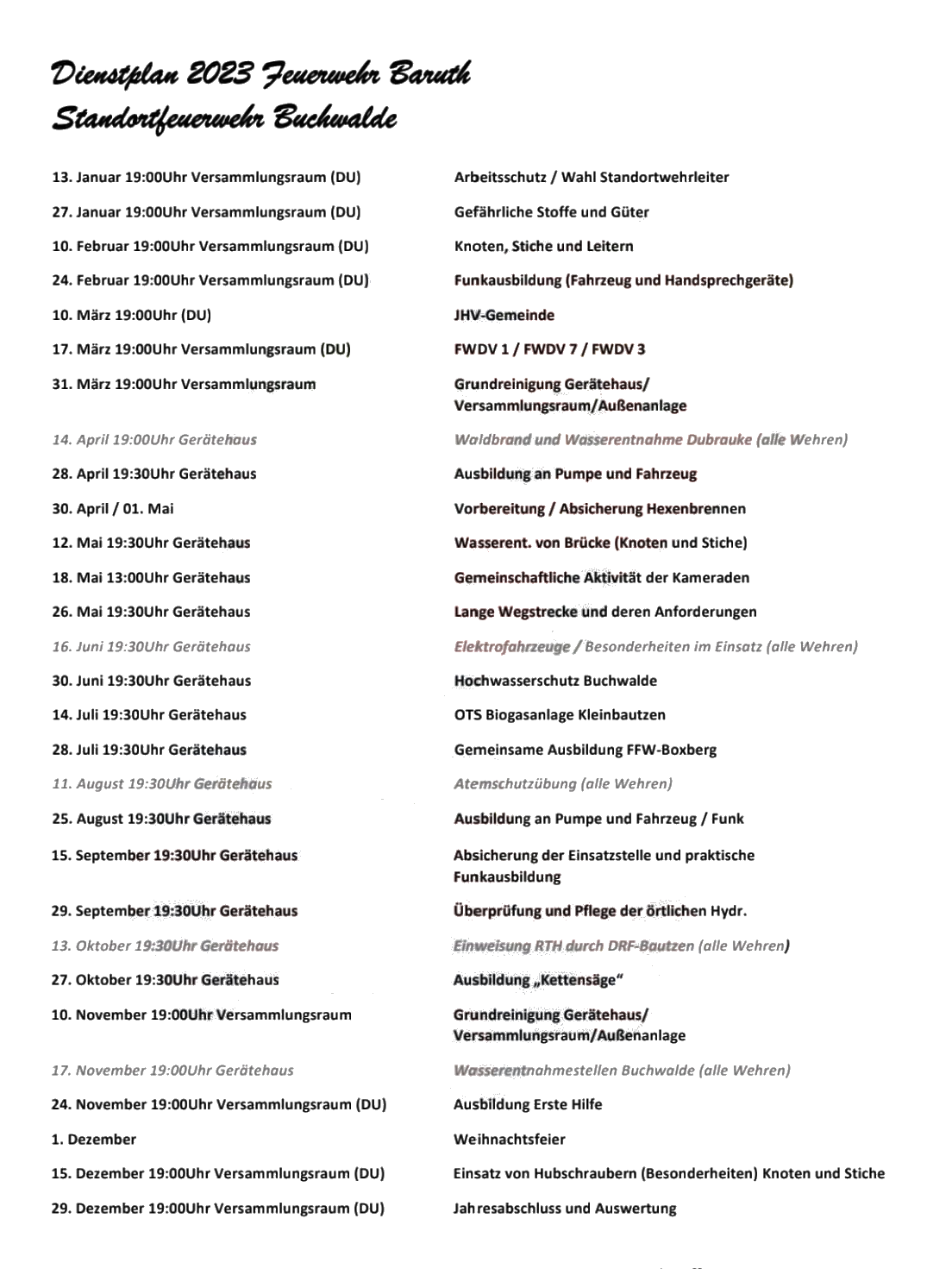 Dienstplan FW Buchwalde